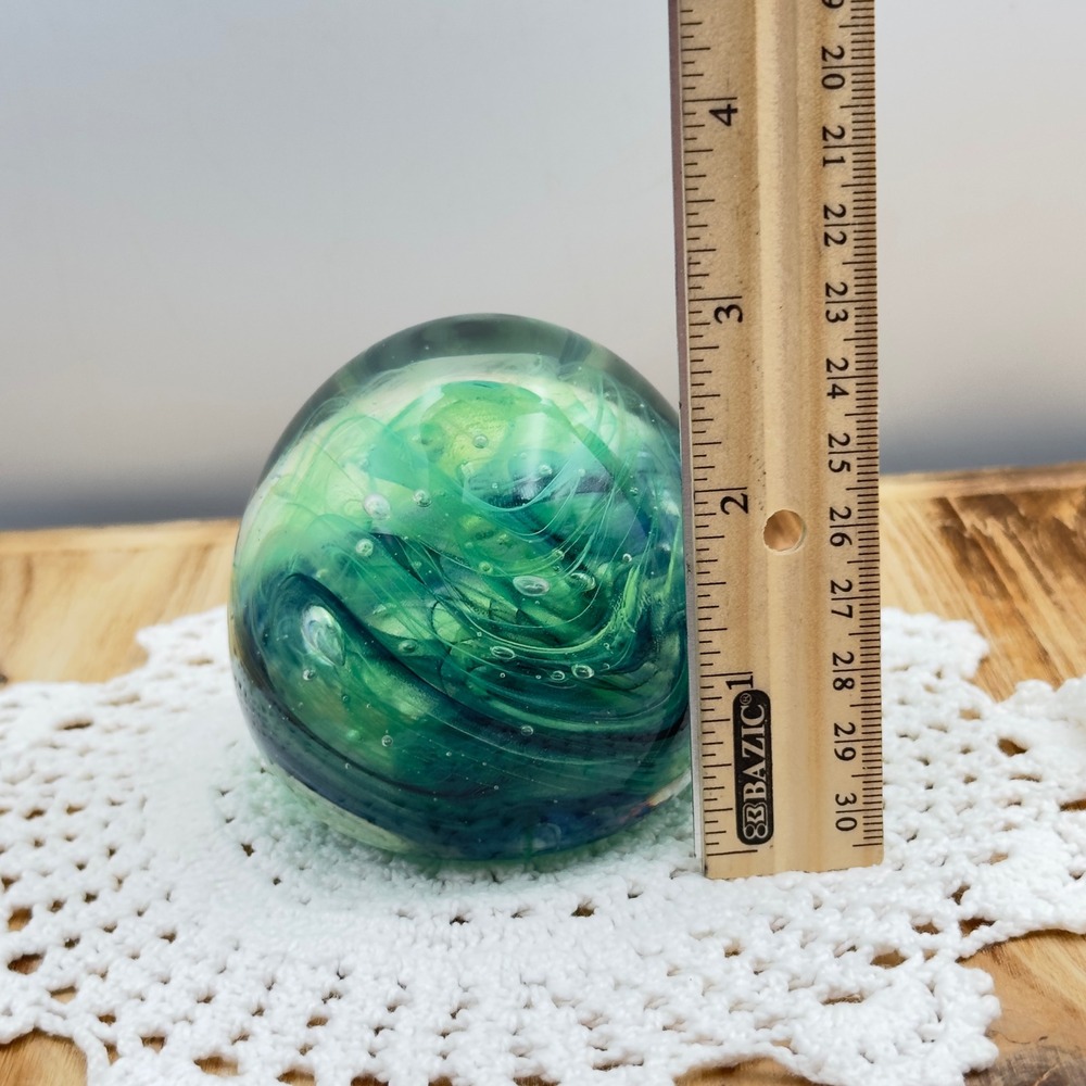Round Art Glass Paperweight Green Teal Swirl Controlled Bubble Egg Orb 3" Decor - Picture 12 of 13